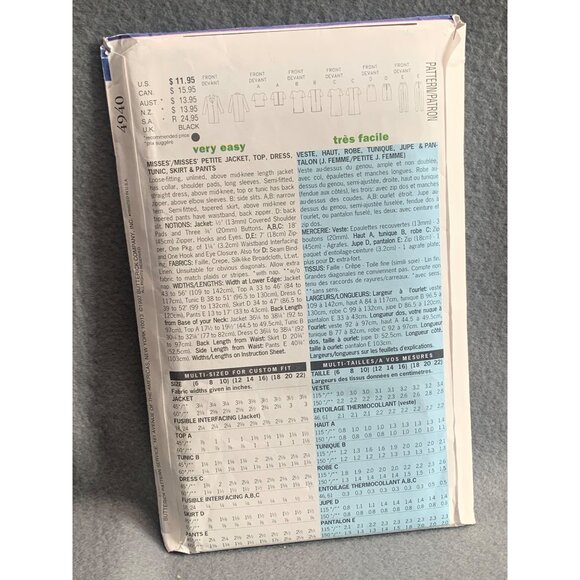 Butterick 4940 Sewing Pattern Size 6-10 Misses' Jacket Shirt Dress Shorts & Pant - Picture 2 of 2